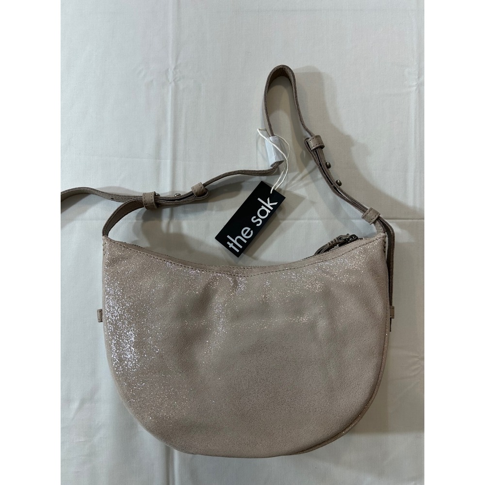 The Sak Metallic Suede Crescent Crossbody Bag Champagne Beige Shimmer New